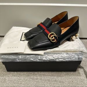 Brand New Gucci mid-heel loafer, Black leather with pearls and studs, Size 36.5.
